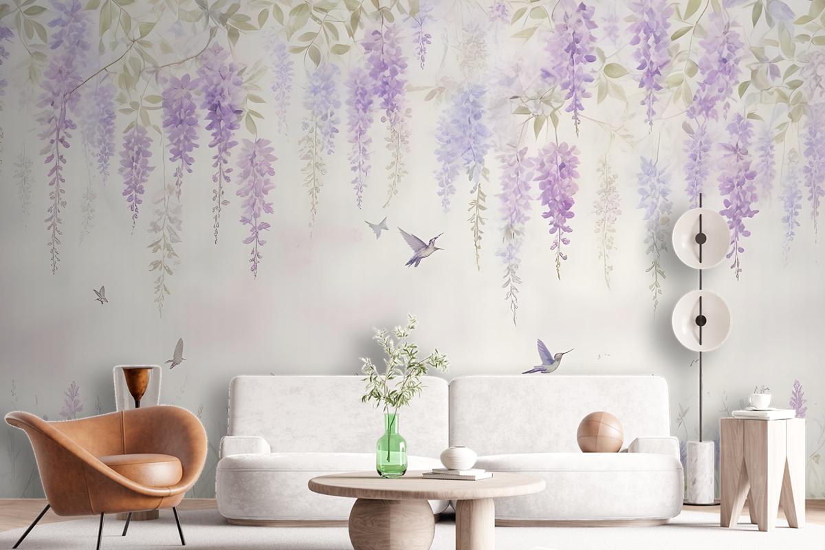 Watercolor Hanging Wisteria Flowers With Hummingbirds Wallpaper Mural