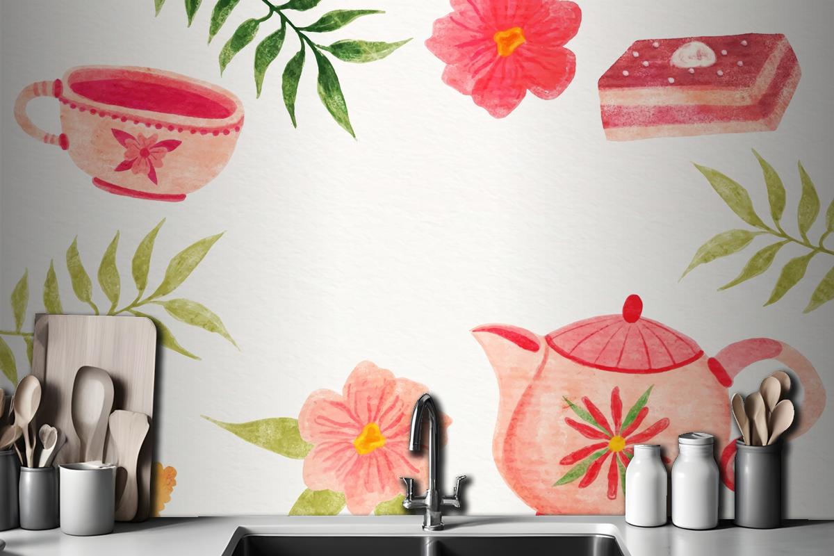 Watercolor International Tea Day Kitchen Wallpaper Mural