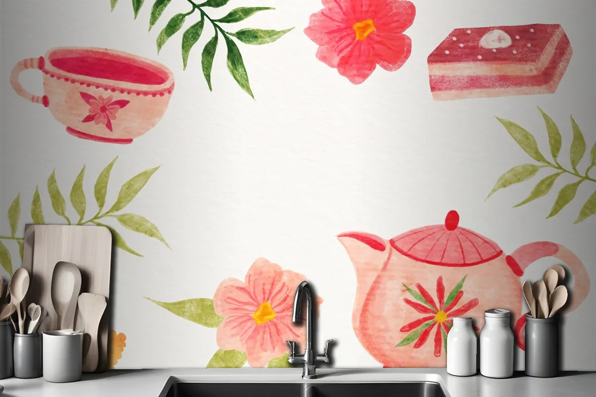 Watercolor International Tea Day Kitchen Wallpaper Mural