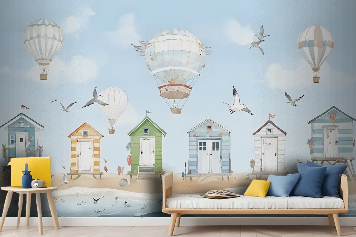 Watercolor Kids Beach House With Hot Air Balloons