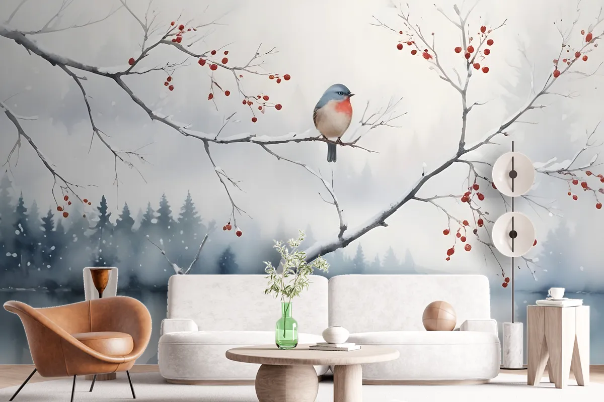 Watercolor Lake Landscape With Birds Wallpaper Mural