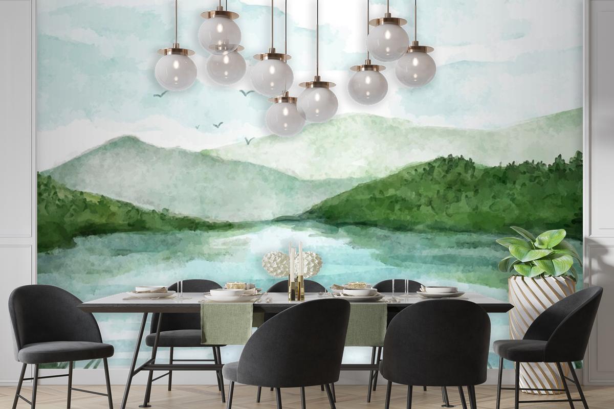 Watercolor Lake Scenery Wallpaper Mural