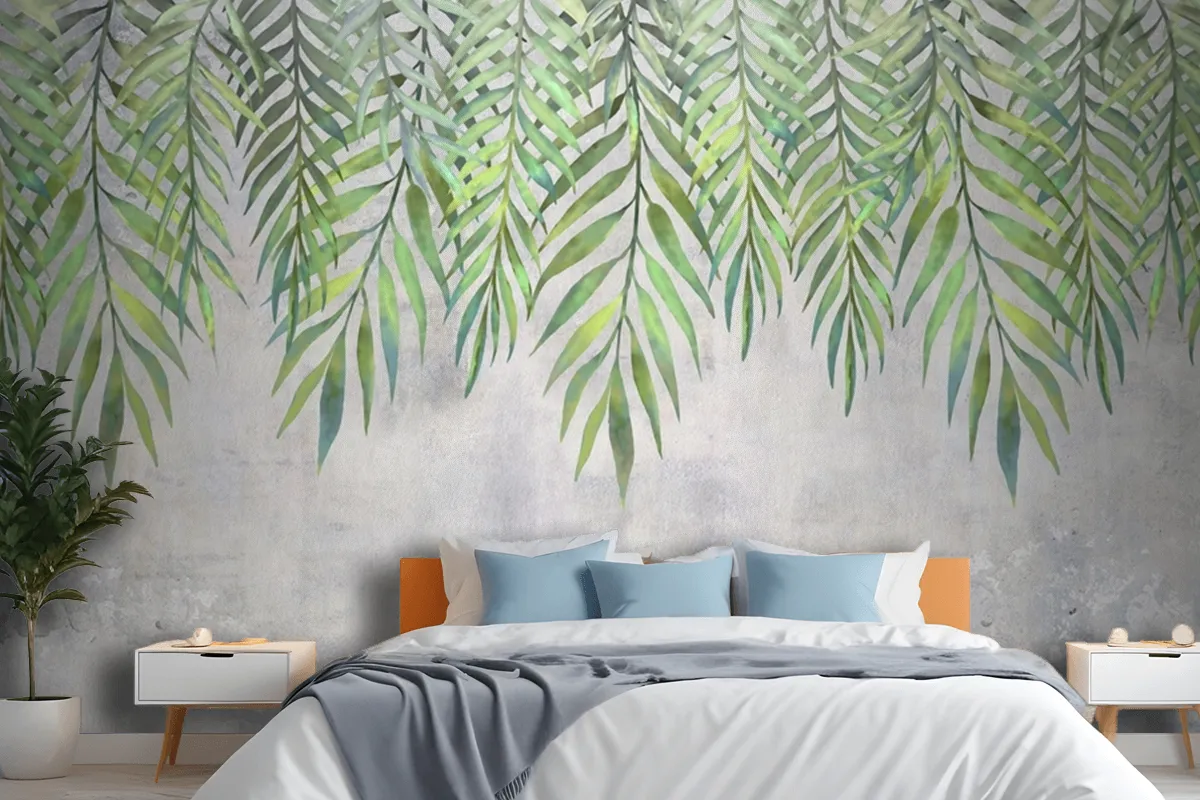 Watercolor Leaves Hanging From Above Wallpaper Mural