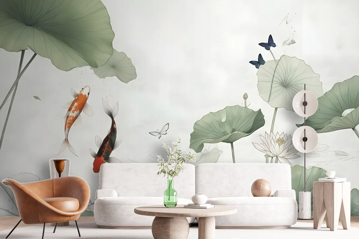 Watercolor Lotus Flower And Butterflies Wallpaper Mural