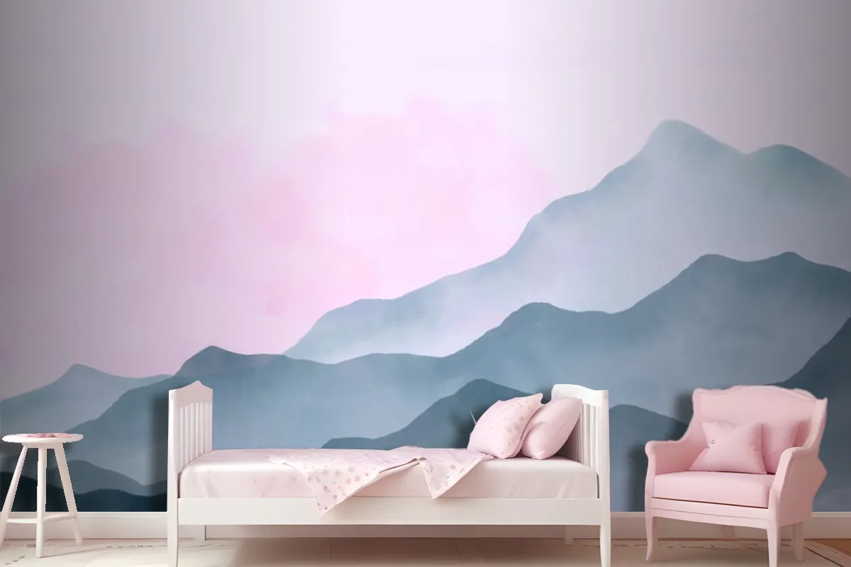 Watercolor Mountains Background With Pink Sky Wallpaper Mural