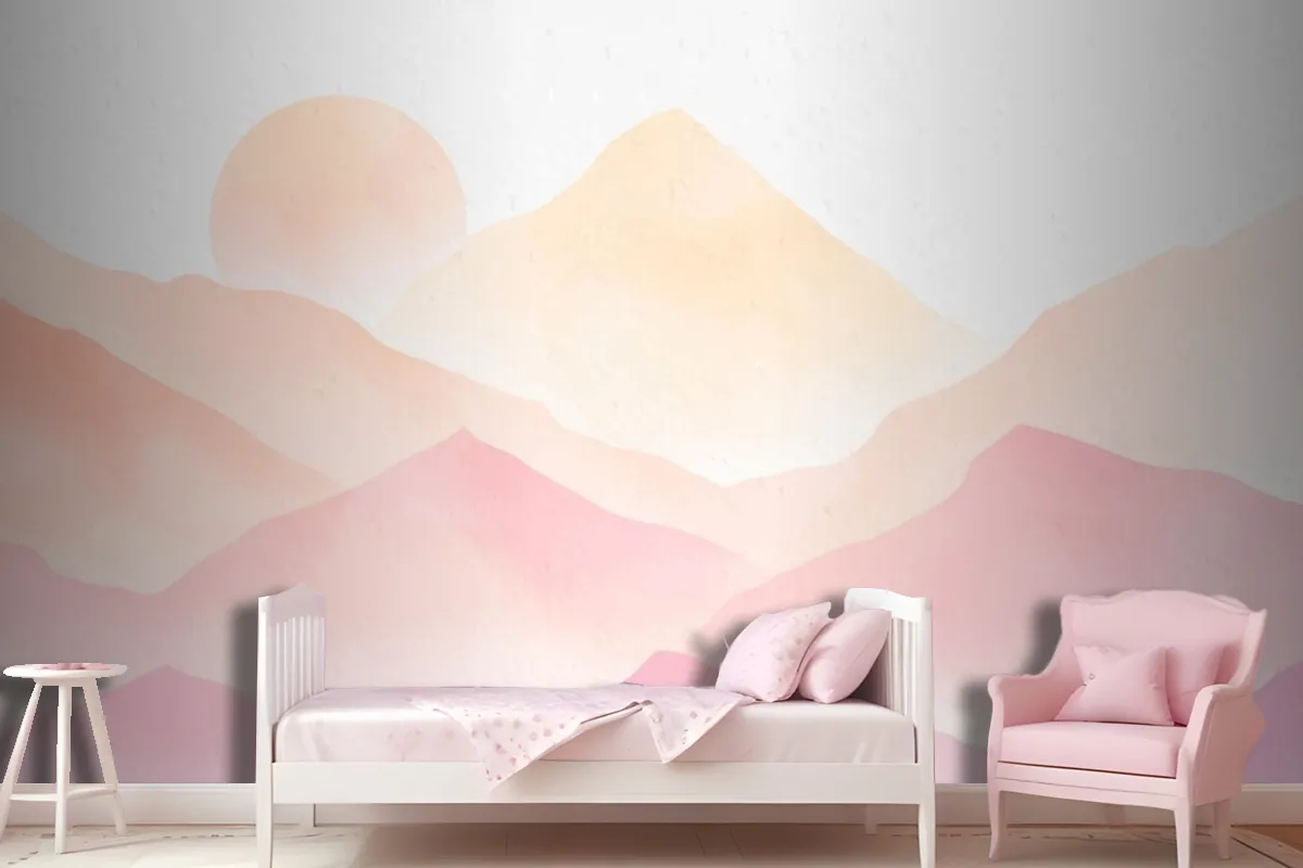 Watercolor Mountains Pink Background Wallpaper Mural