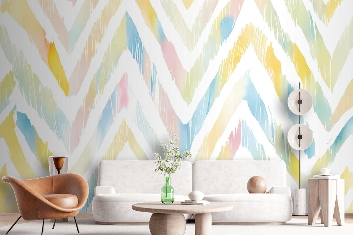 Watercolor Multicolor Chevron Ikat Design Art Wallpaper Mural