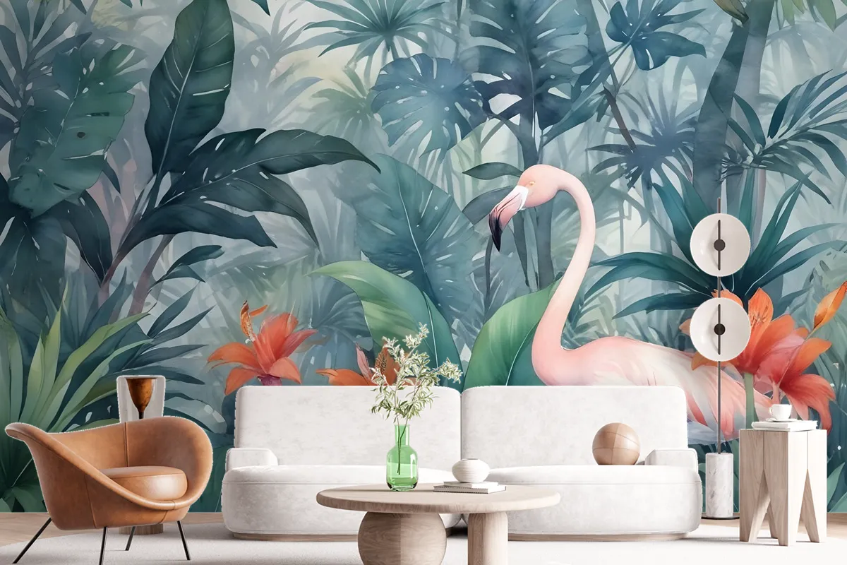 Watercolor Painting Forest And Storks Wallpaper Mural