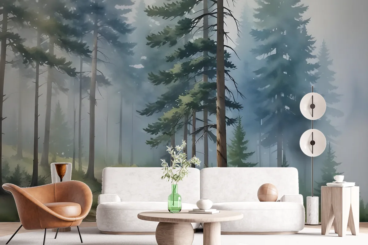 Watercolor Painting Misty Forestscape Wallpaper Mural