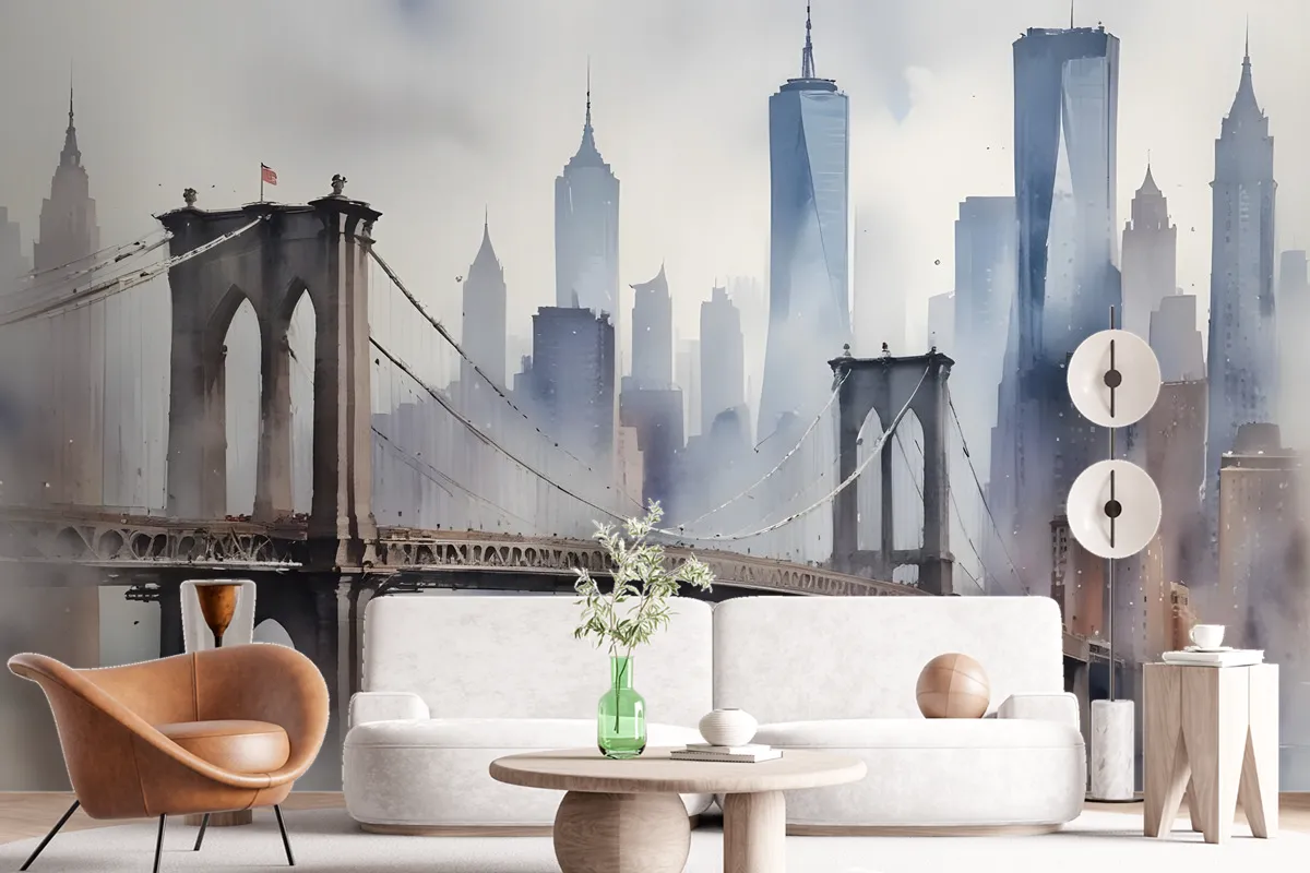 Watercolor Painting New York City Landscape Wallpaper Mural