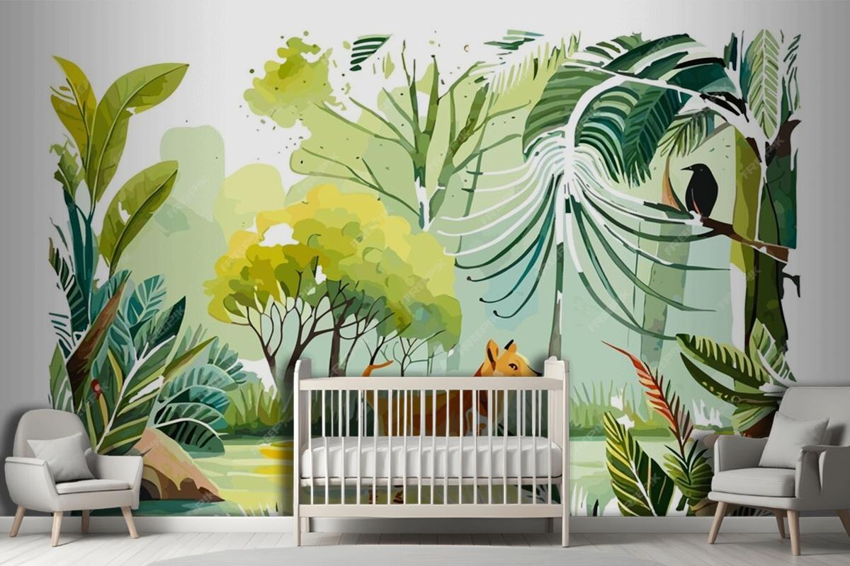 Watercolor Painting Of A Dog And A Bird In A Jungle Wallpaper Mural