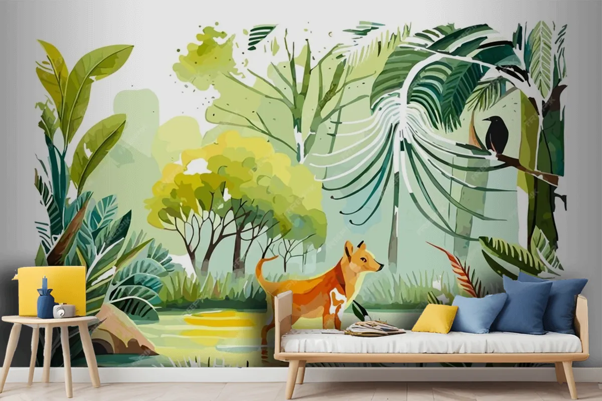 Watercolor Painting Of A Dog And A Bird In A Jungle Wallpaper Mural