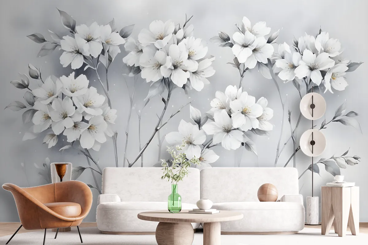 Watercolor Painting White Flowers Wallpaper Mural