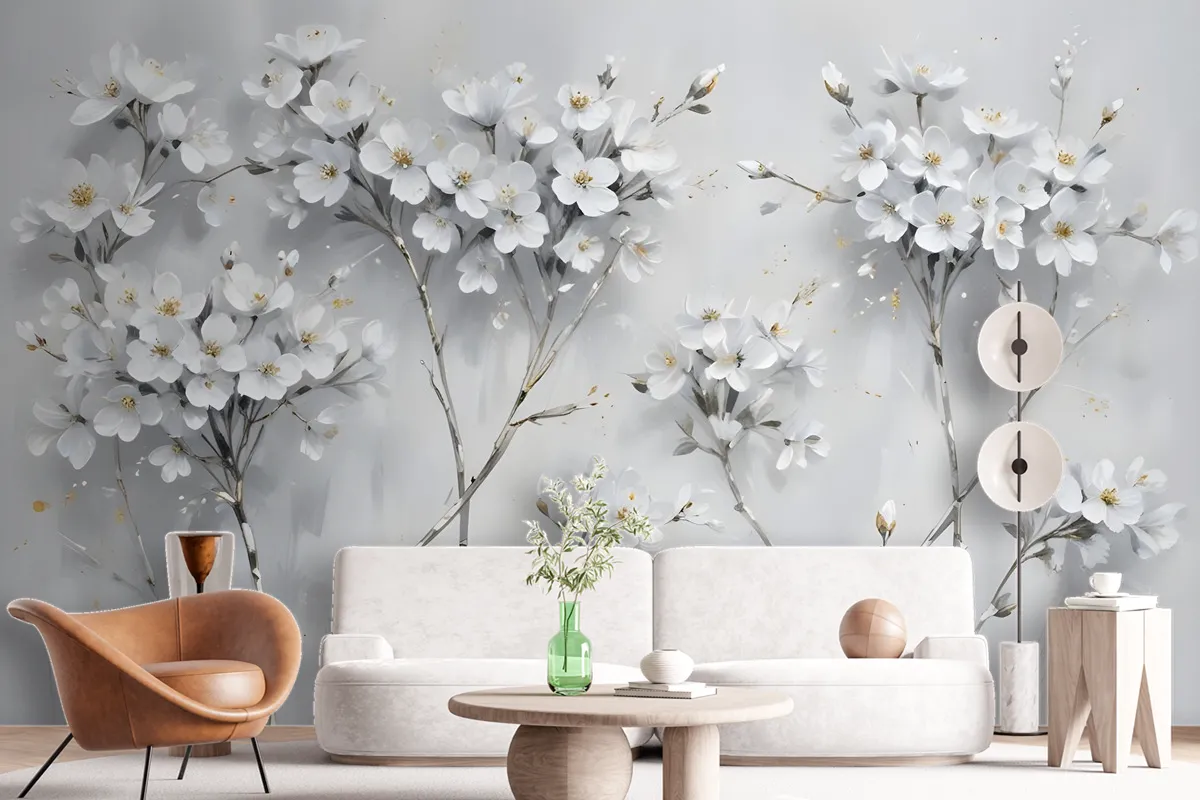 Watercolor Painting White Flowers Wallpaper Mural