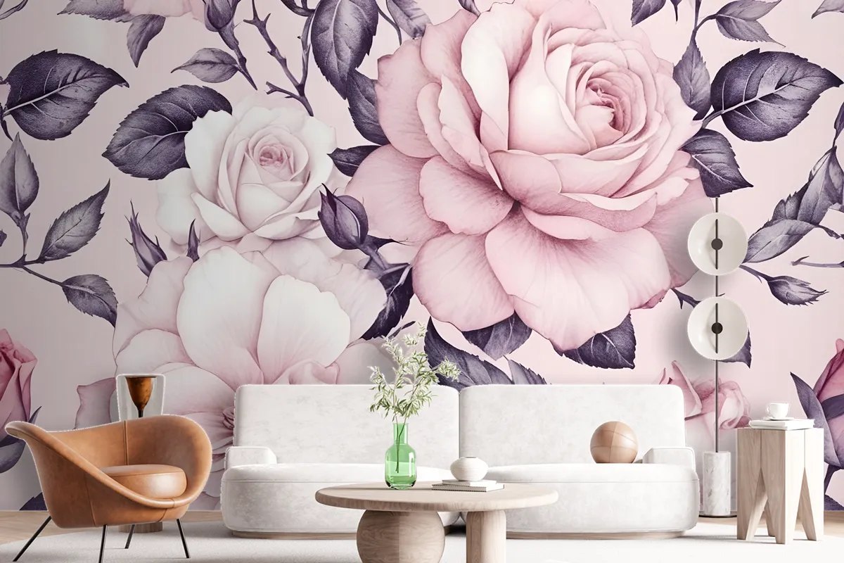 Watercolor Pink Floral Pattern Wallpaper Mural