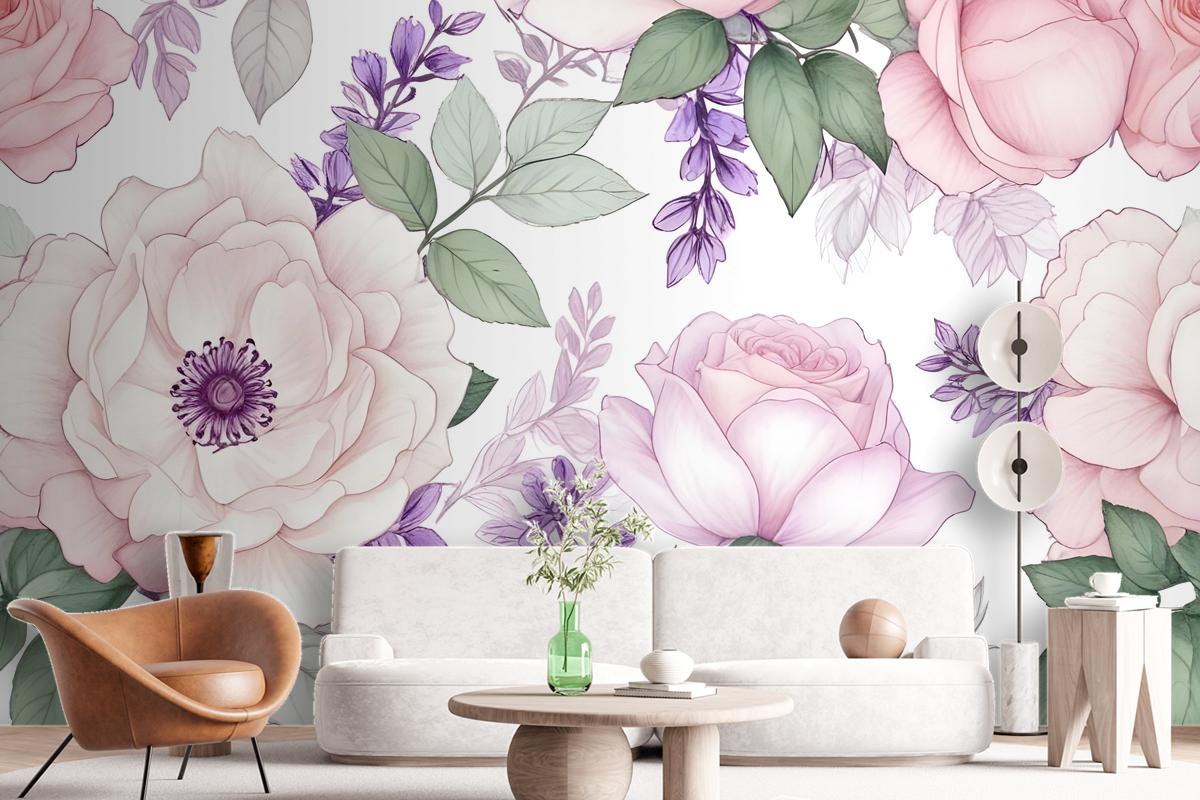 Watercolor Pink Floral Pattern With Wisteria Wallpaper Mural