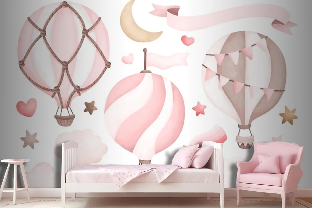 Watercolor Pink Hot Air Balloon Wallpaper Mural