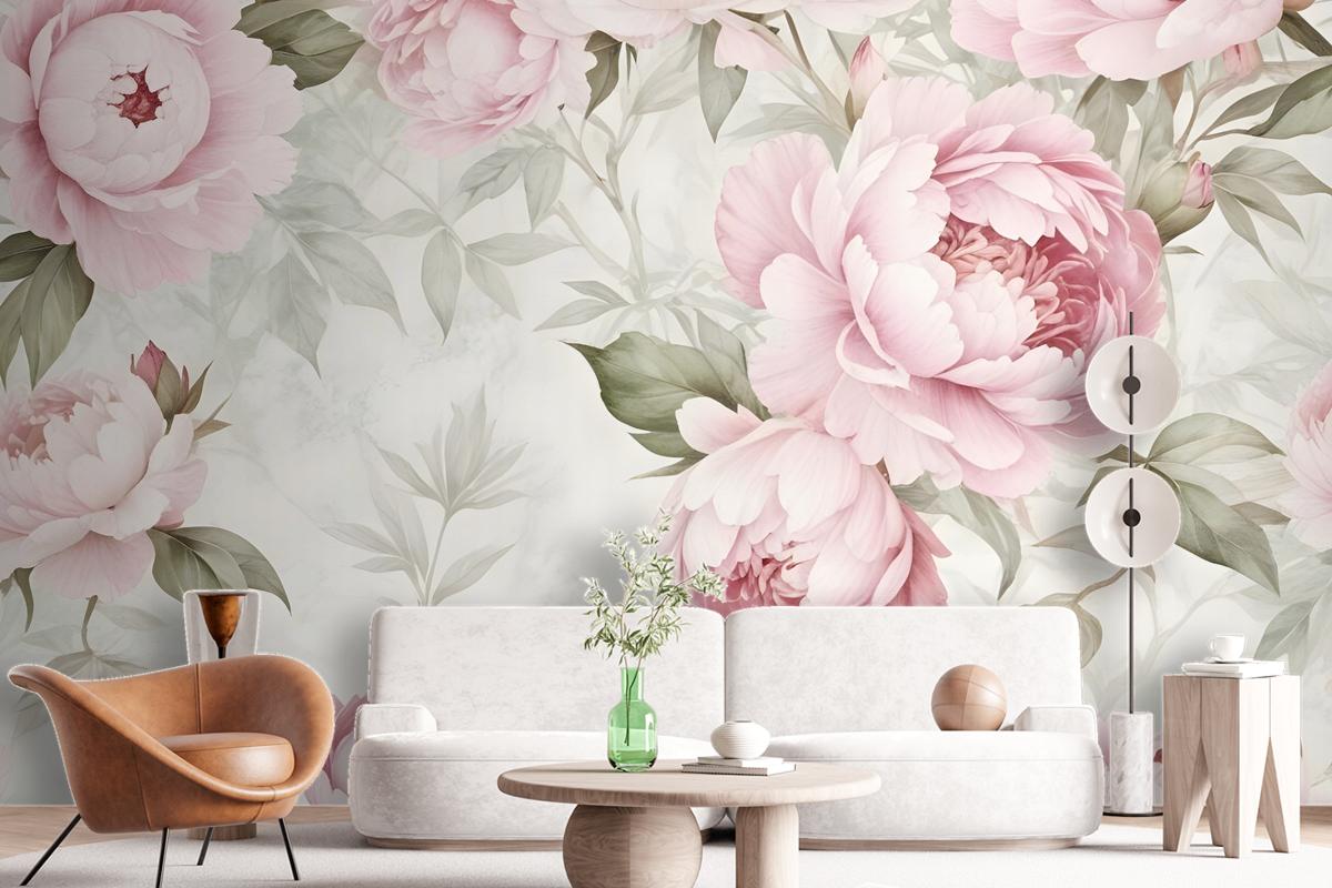 Watercolor Pink Peony Floral Blossom Wallpaper Mural