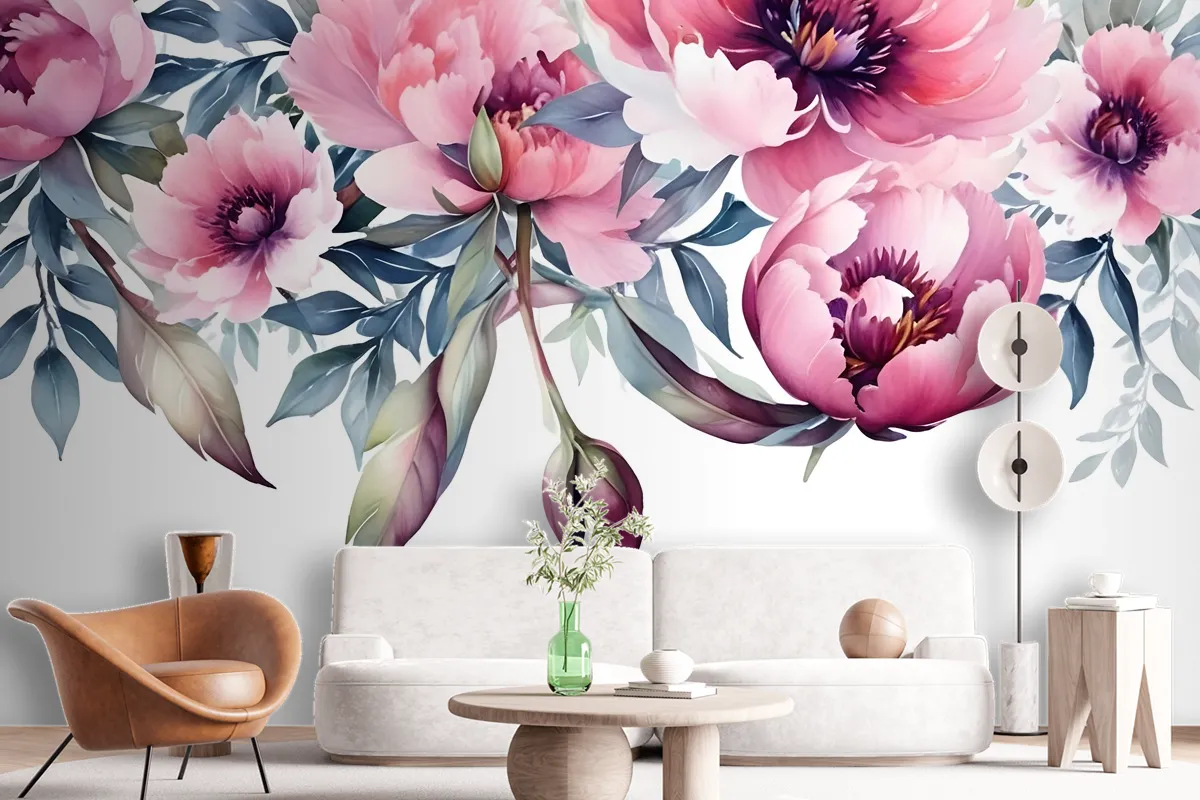 Watercolor Pink Peony Flower Wallpaper Mural