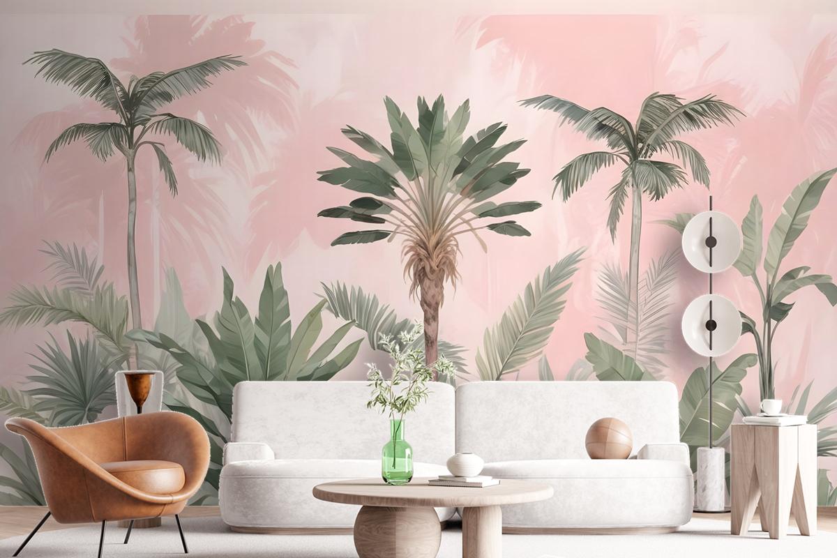 Watercolor Pink Tropical Chinoiserie Wallpaper Mural