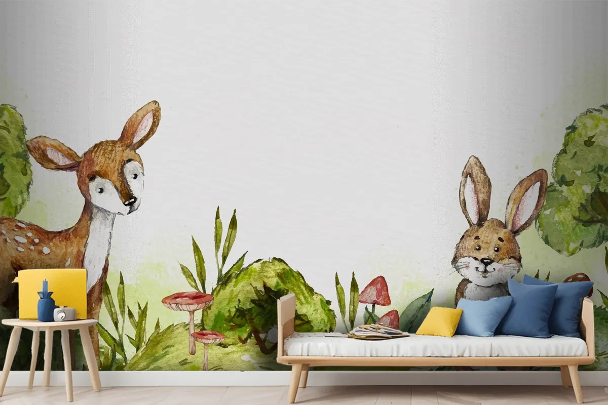 Watercolor Rabbit And Deer In Forest Wallpaper Mural