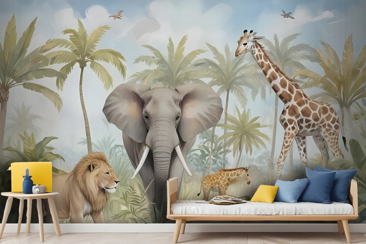 Watercolor Safari Animals In Forest Wallpaper Mural