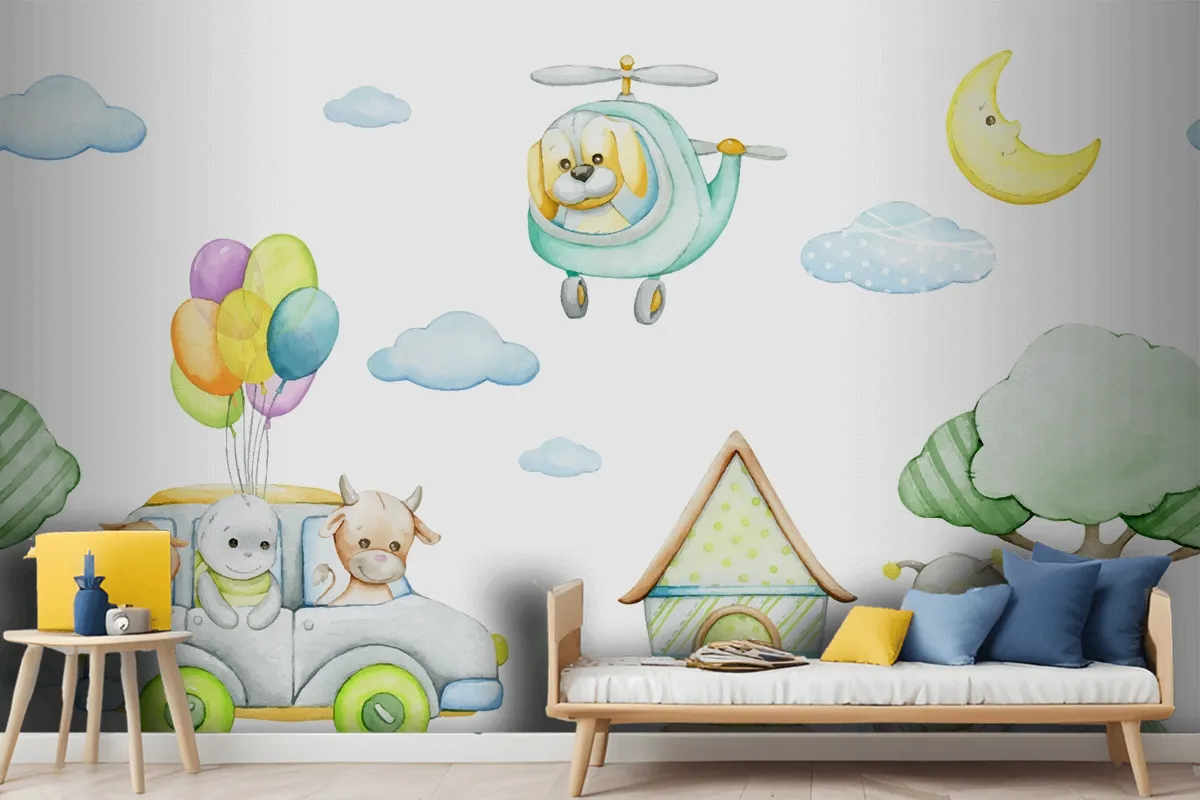 Watercolor Seamless Pattern In Cartoon Style Tropical Animals Car Helicopter Moon Wallpaper Mural