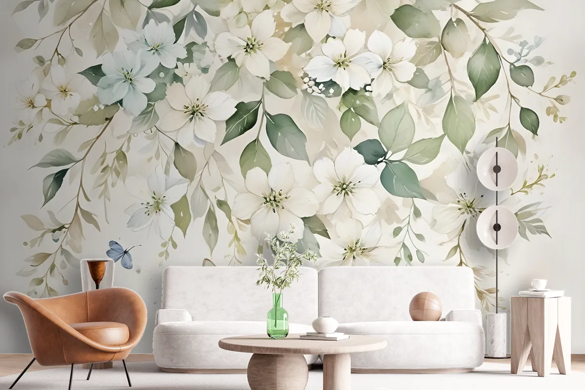 Watercolor Soft Floral With Green Leaves Wall Mural