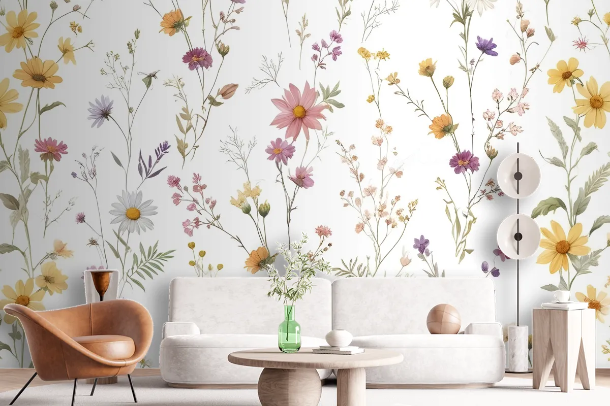 Watercolor Soft Wild Flowers Wallpaper Mural