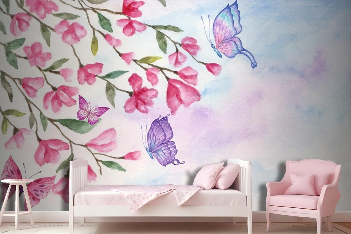 Watercolor Spring Landscape Background With Lovely Butterflies Wallpaper Mural