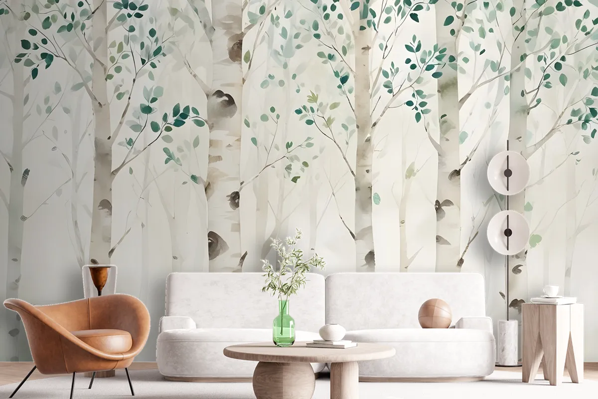 Watercolor Style Forest With Green Brown Little Leaves Wallpaper Mural