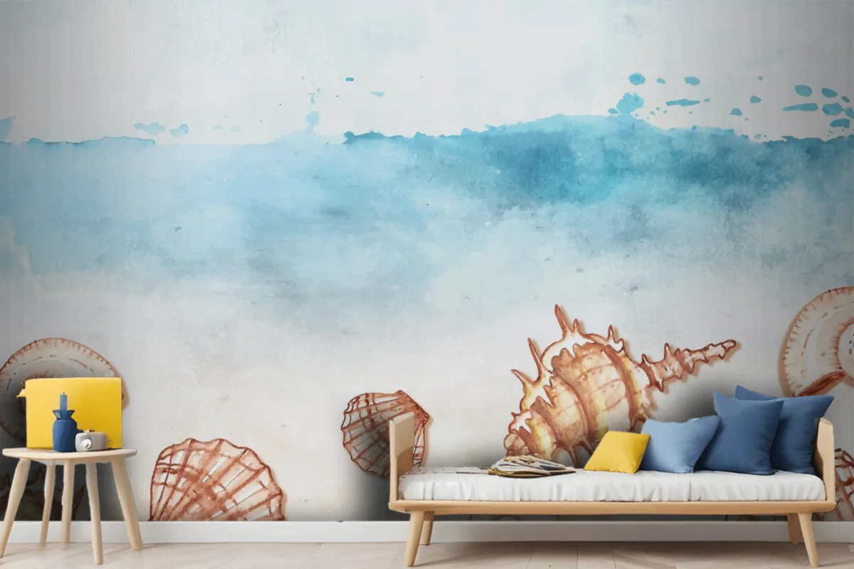 Watercolor Summer Background With Shells Wallpaper Mural