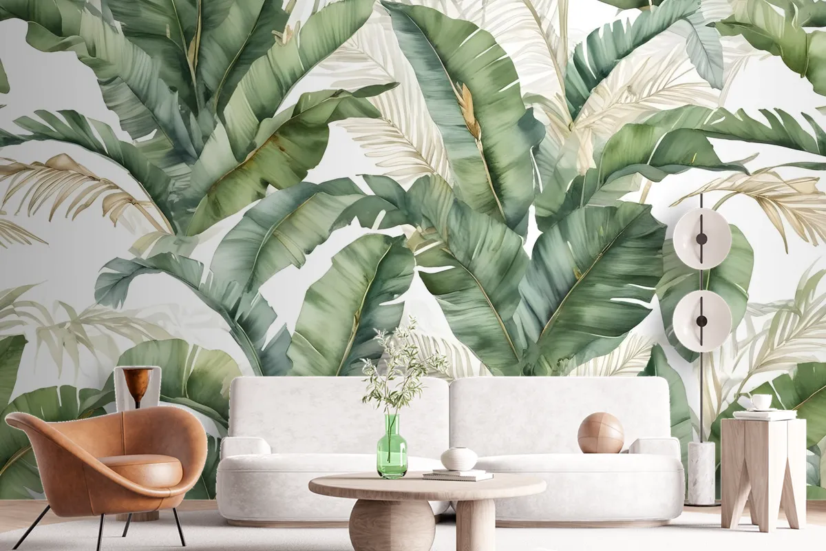 Watercolor Tropical Banana Leaf With Faux Gold Details Wallpaper Mural