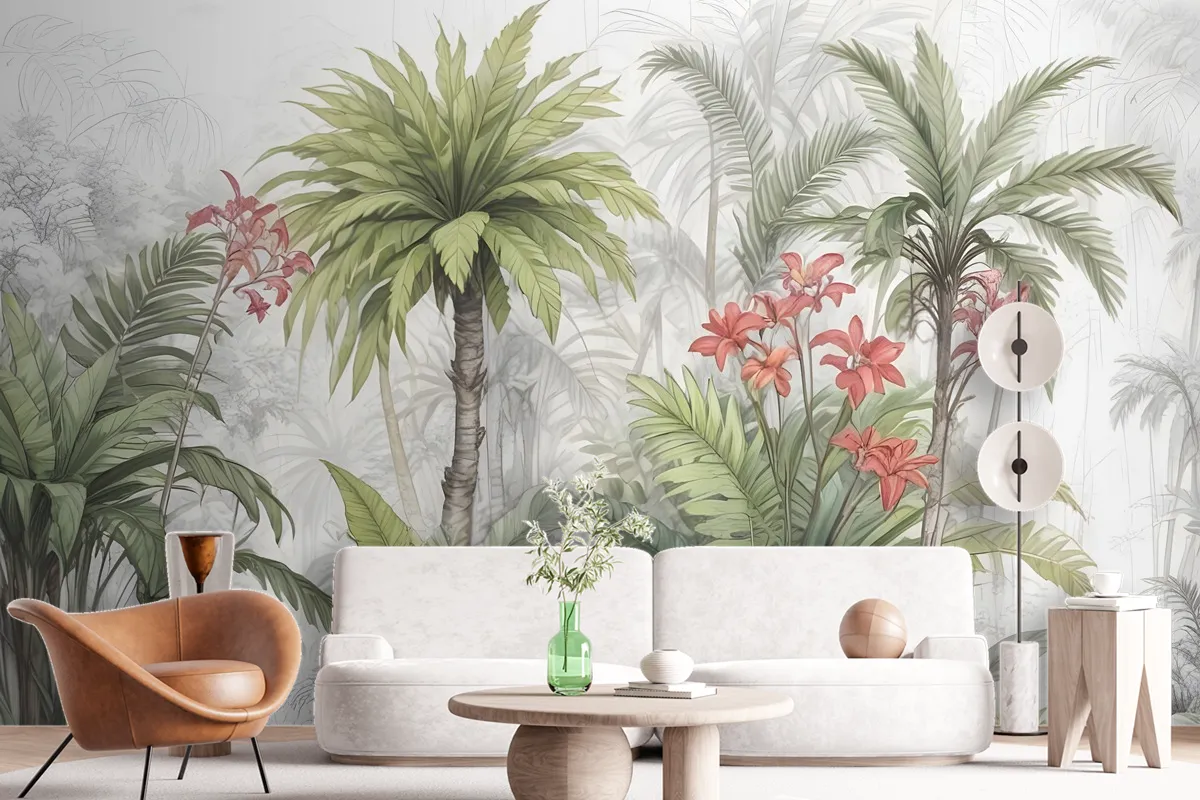 Watercolor Tropical Leaf And Flowers Wallpaper Mural