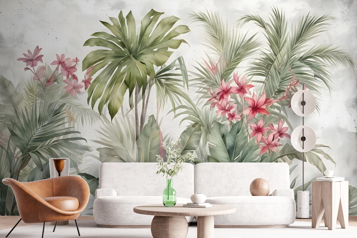 Watercolor Tropical Leaf And Flowers Wallpaper Mural