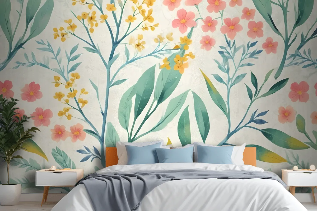 Watercolor Vintage Florals With Botanical Leaves Wallpaper Mural