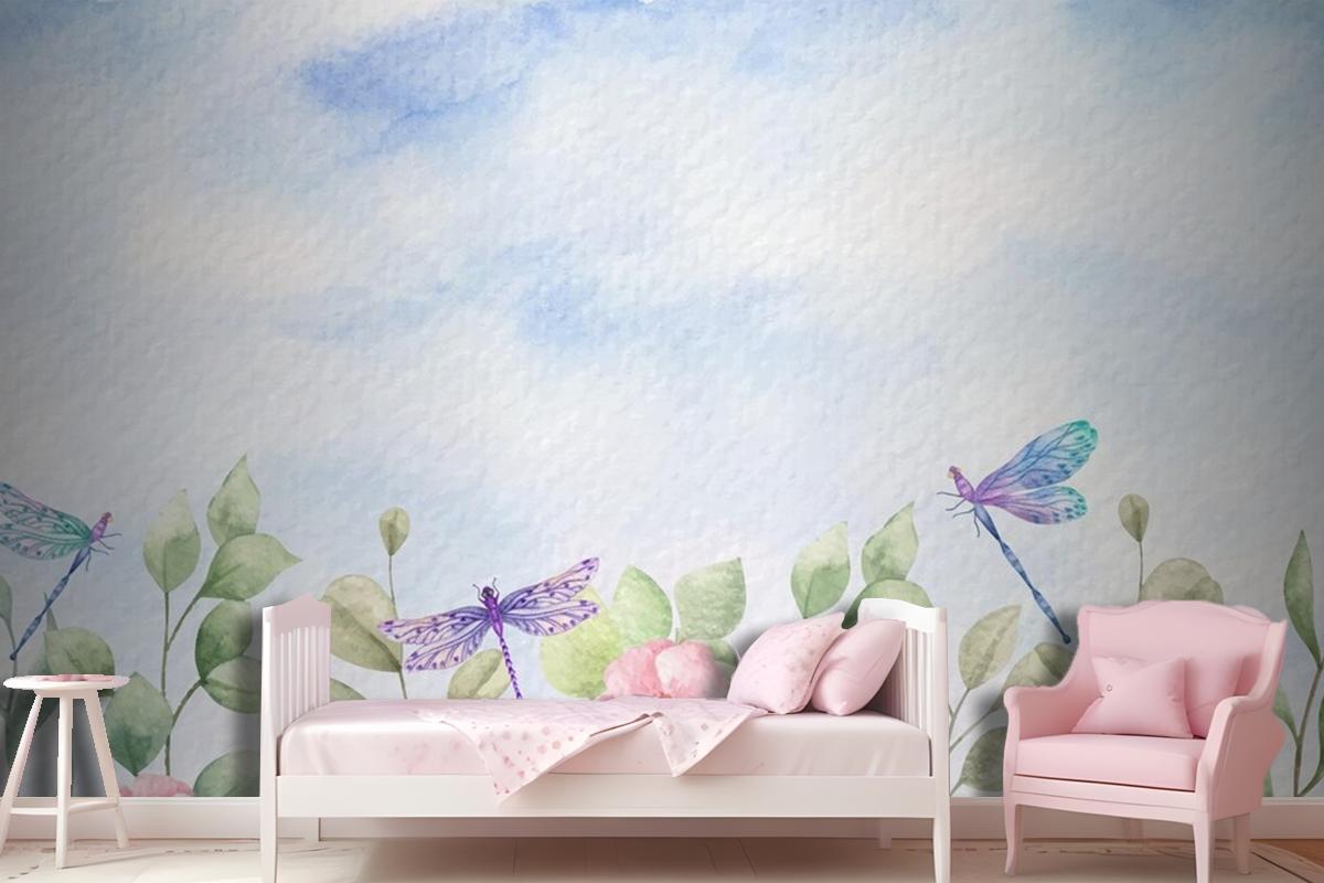 Watercolor Wild Leaves Landscape Background With Dragonflies Wallpaper Mural