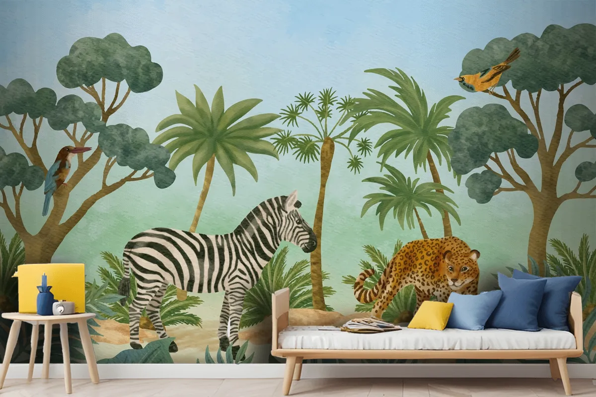 Watercolor Wildlife Background Kids Boy Wallpaper Mural