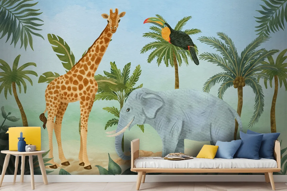 Watercolor Wildlife Background Kids Boys Wallpaper Mural