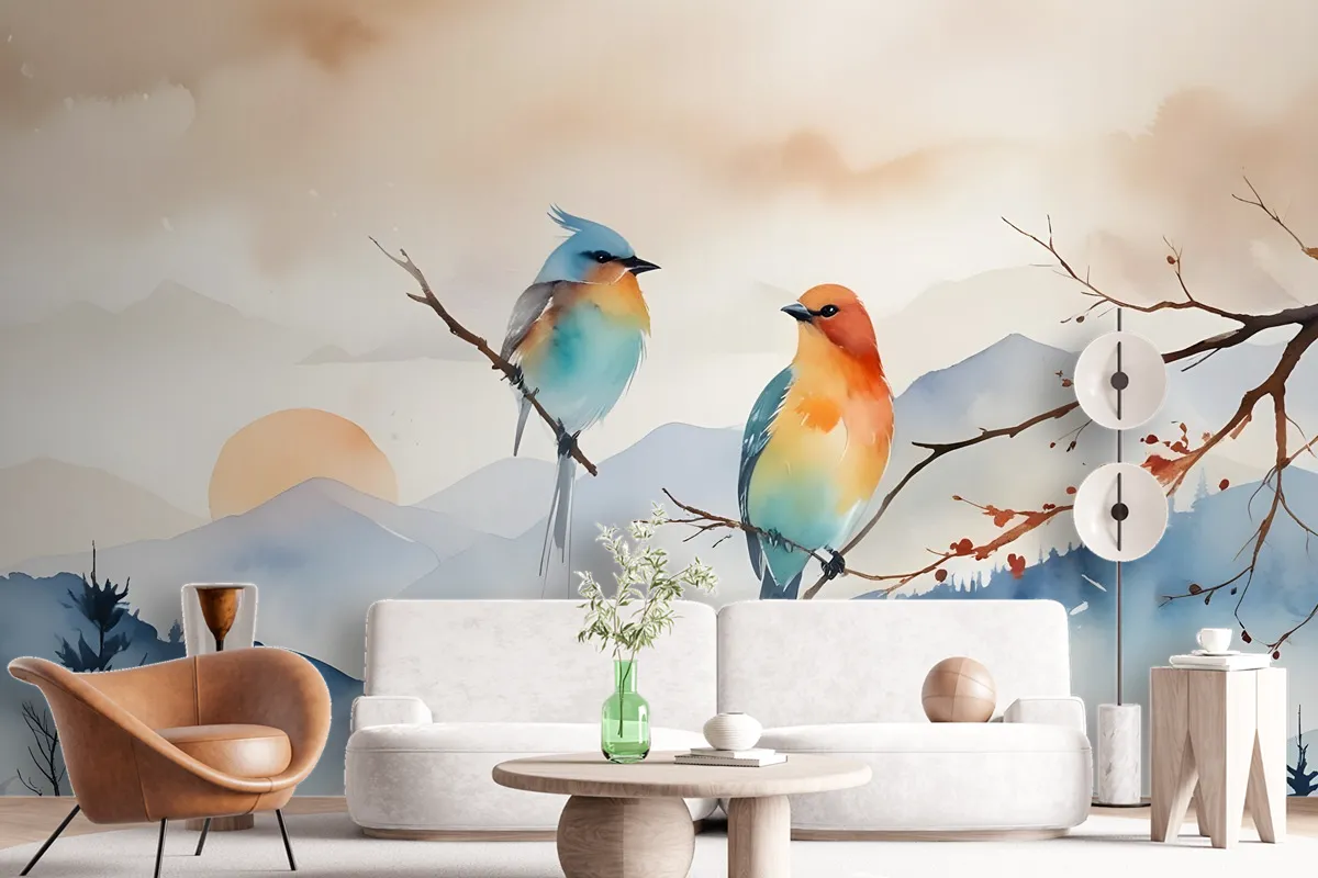 Watercolor Winter Landscape And Colorful Bird Wallpaper Mural