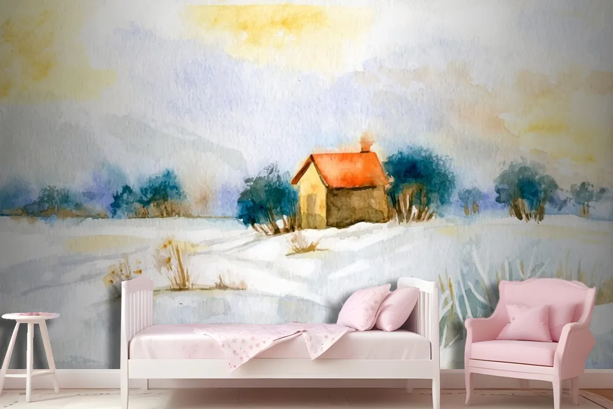 Watercolor Winter Landscape Girl Wallpaper Mural