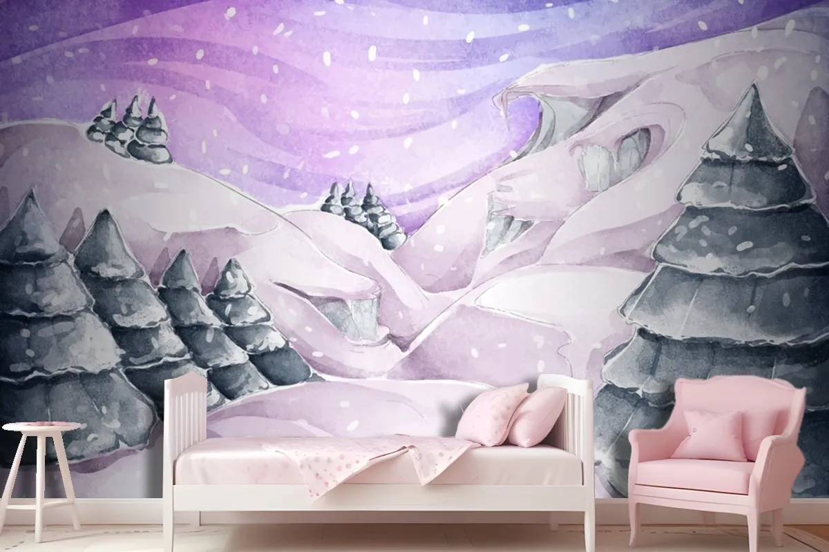 Watercolor Winter Landscape With Pines Wallpaper Mural