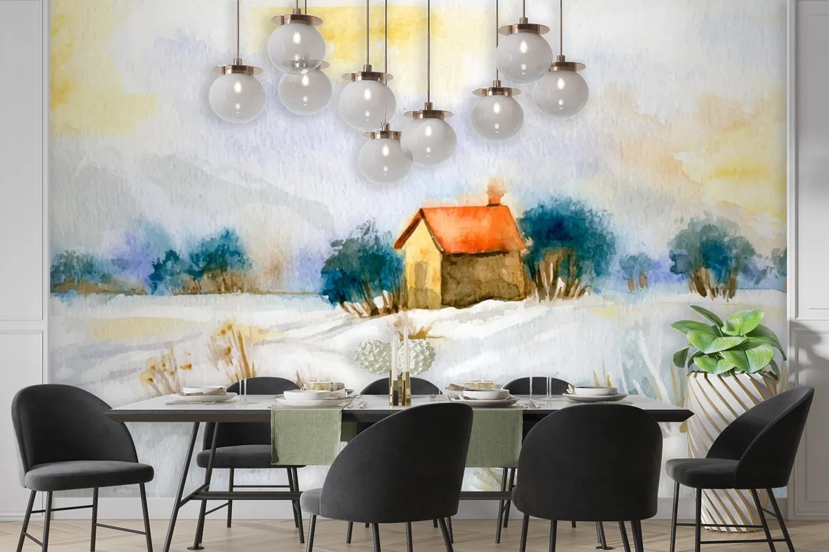 Watercolor Winter Landscape Wallpaper Mural