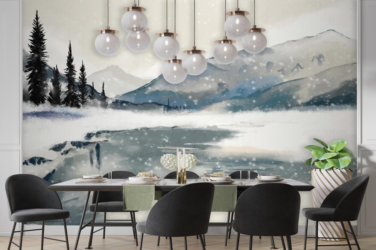 Watercolor Winter Landscape Dining Room Wallpaper Mural