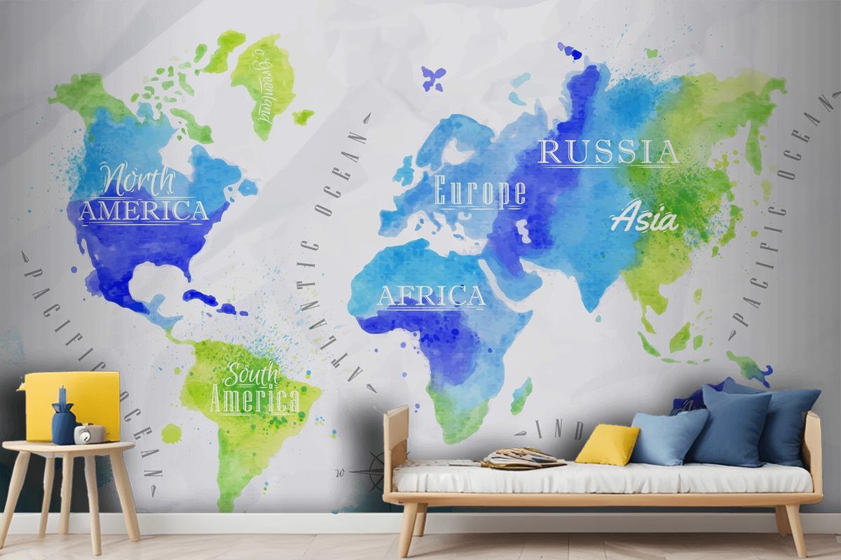 Watercolor World Map Kids Wallpaper Mural