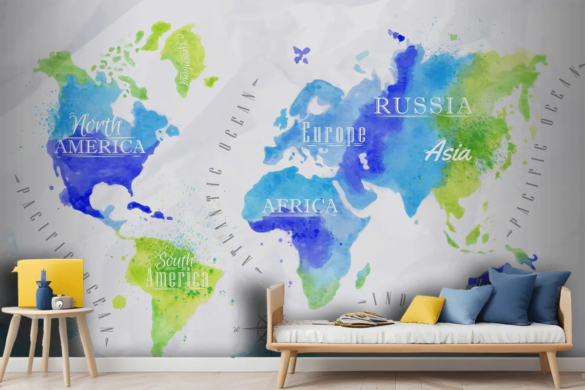 Watercolor World Map Kids Wallpaper Mural