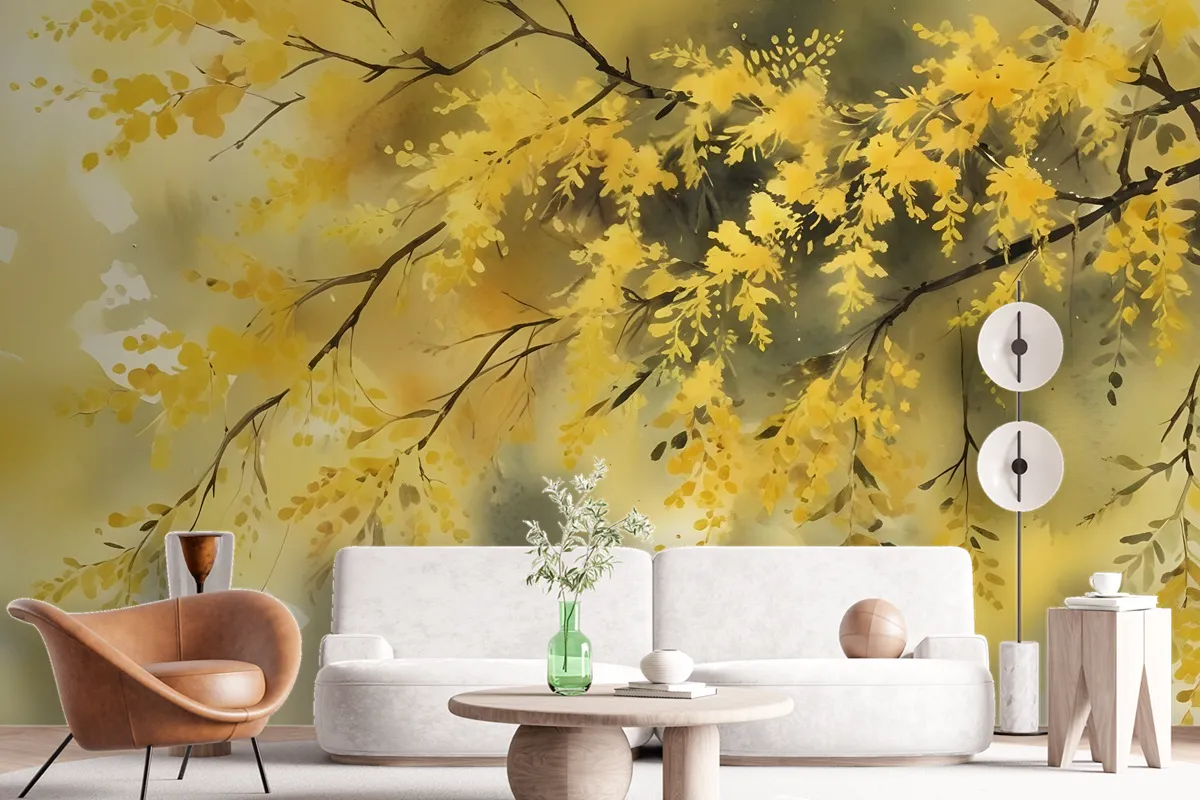 Watercolor Yellow Tree Landscape Wallpaper Mural