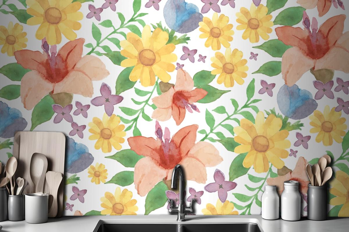 Watercolour Floral Background With Lilies Wallpaper Mural