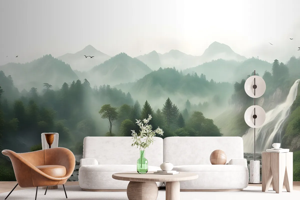 Waterfall With Misty Green Forest Landscape Wallpaper Mural