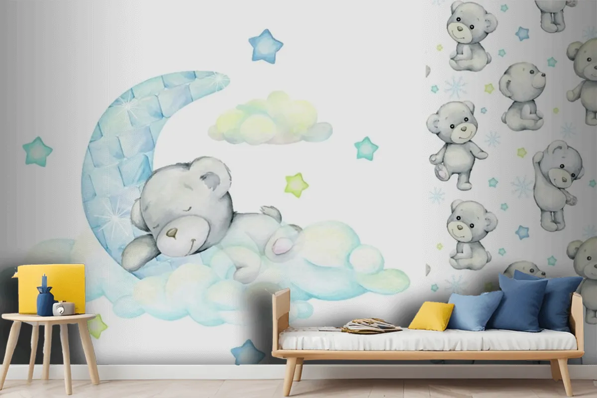 White Bear Sleeps On The Moon And Clouds Wallpaper Mural